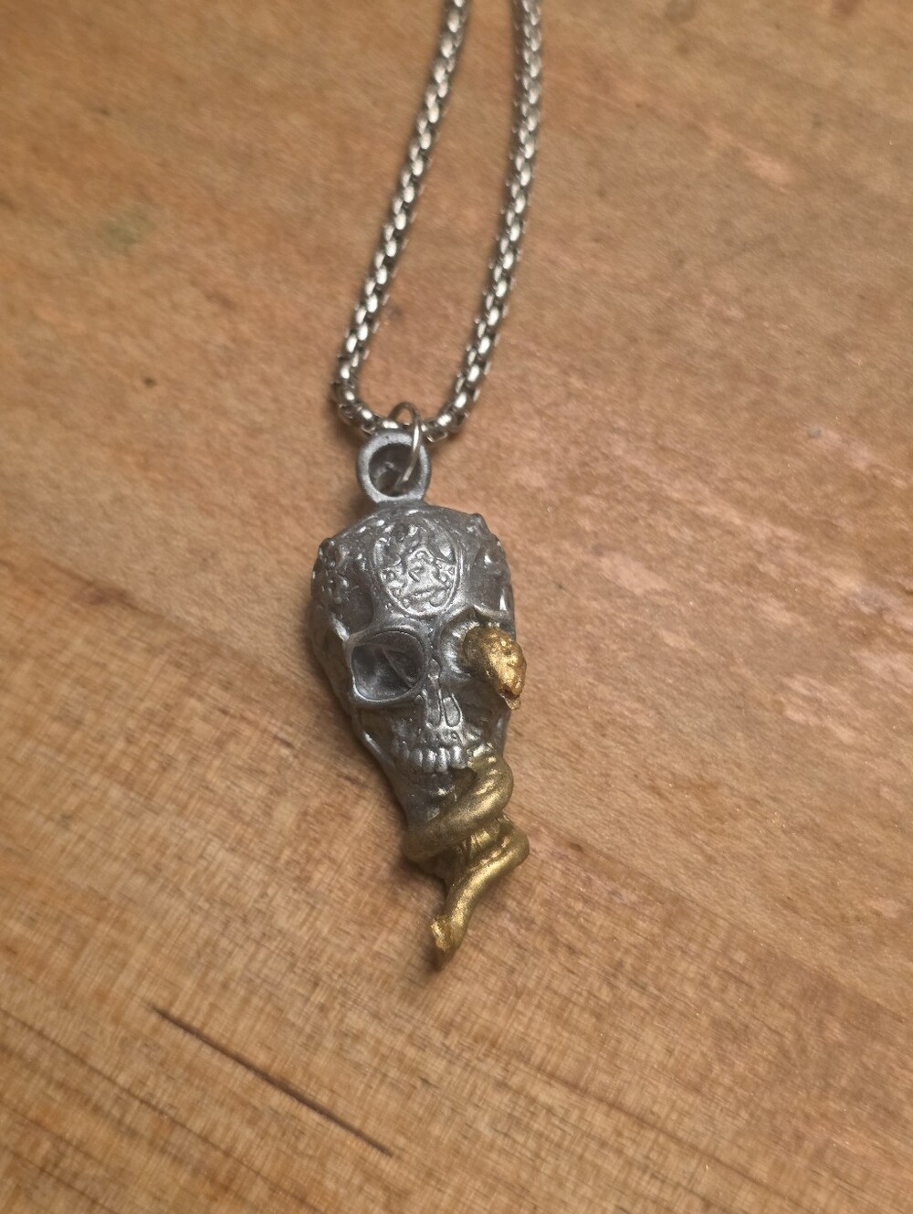 Unisex Resin Skull With Snake Eye Pendant On Silver-tone Chain Necklace